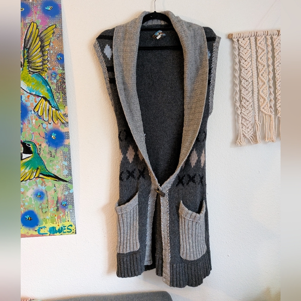 Free People Lambswool Sweater Vest Cardigan Long Sz Medium Fair Isle Grey